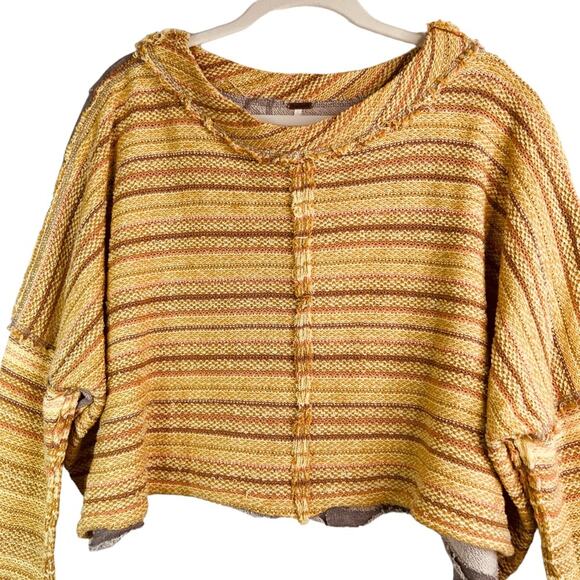 Free People Yellow Gray Catalina Cropped Bell Sleeve Pullover Sweater M - Picture 5 of 12
